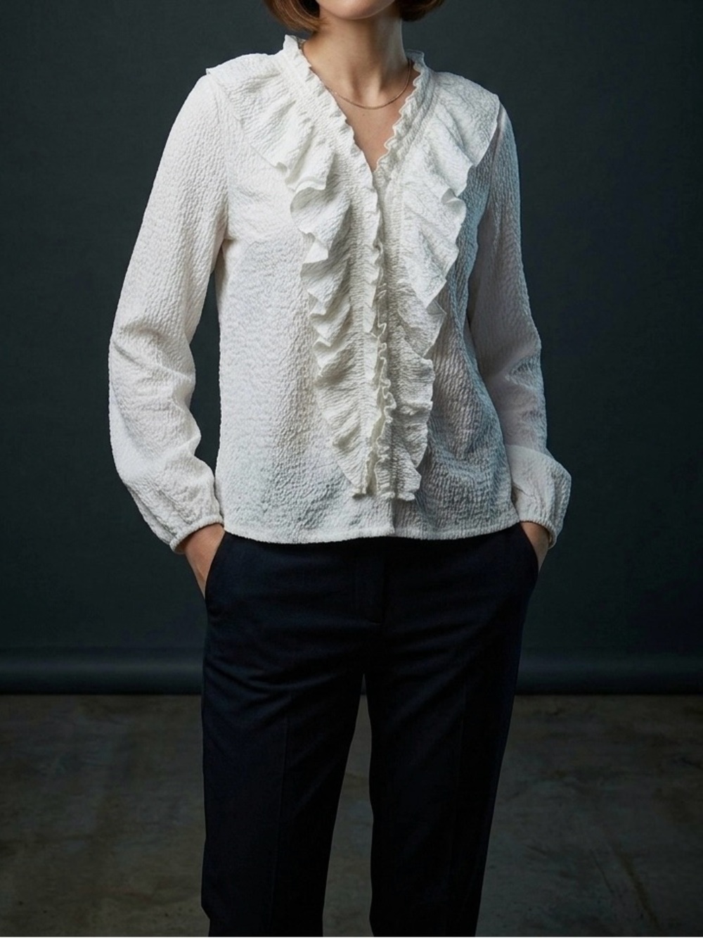Marc New York Cream Ruffle Crinkle Smocked Blouse M